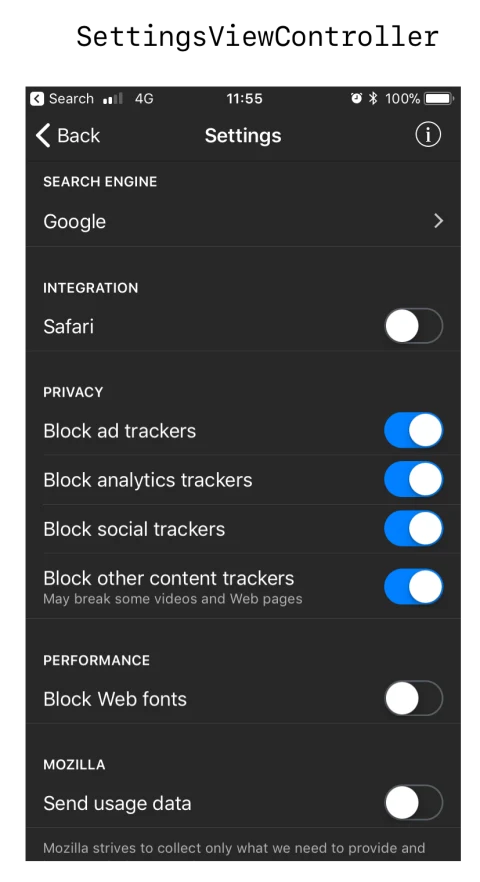 Firefox Focus earlier iPhone privacy and browsing settings reference, published in its 2017 UI/code map