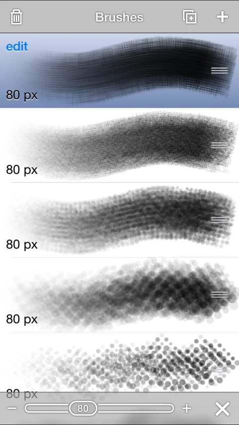 Brushes Redux publisher iPhone screenshot of brush presets and sizes