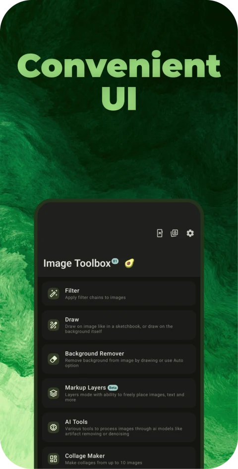 Image Toolbox tool menu for filters, drawing and image markup.