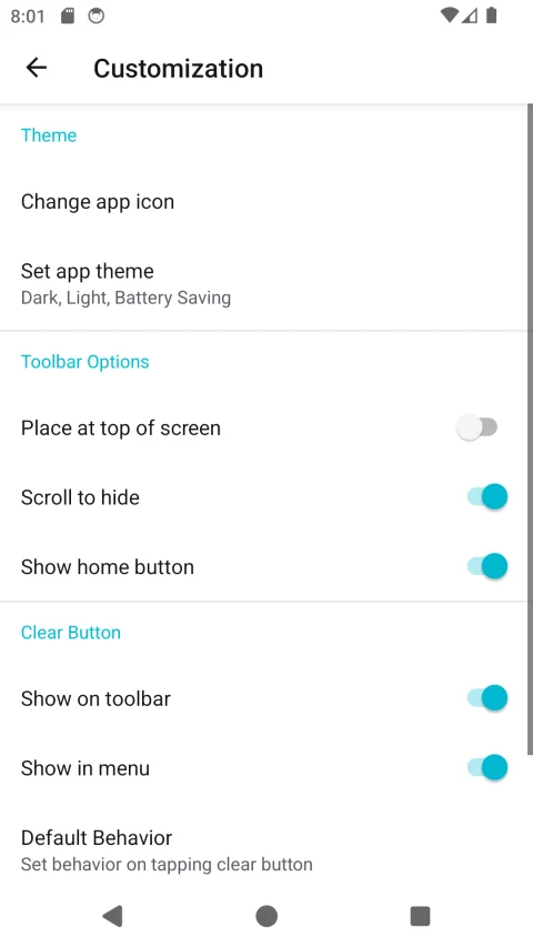 Ceno Android customization settings for theme, toolbar and clear button