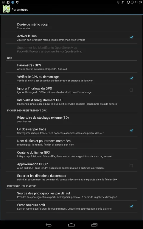 OSMTracker for Android: Earlier French Android tablet recording settings, 2016