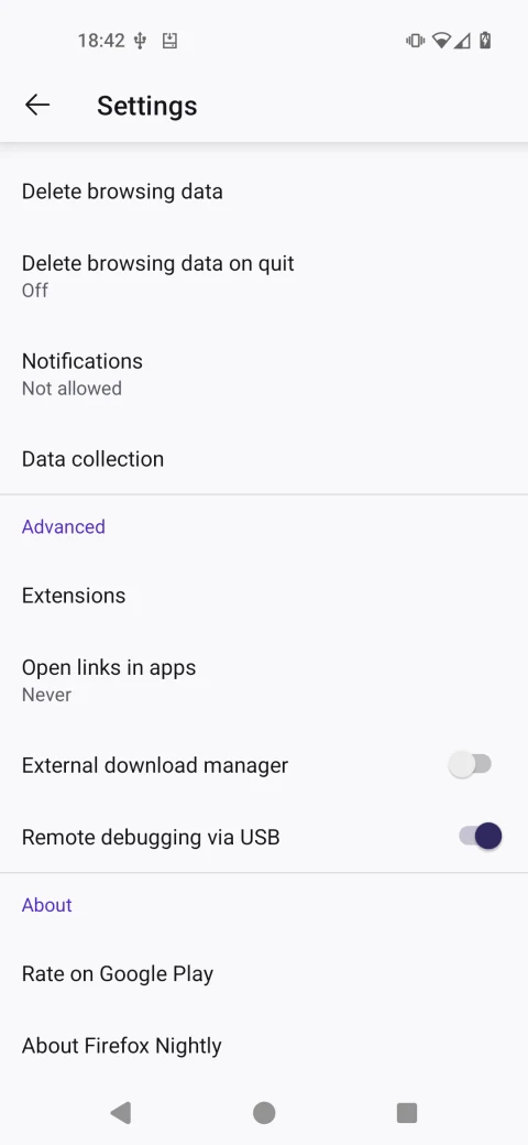 Firefox earlier Nightly Android settings reference; the external-download-manager option shown is historical