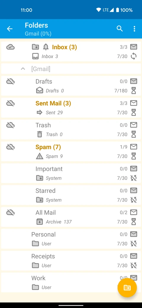 FairEmail: Email folders and message counts