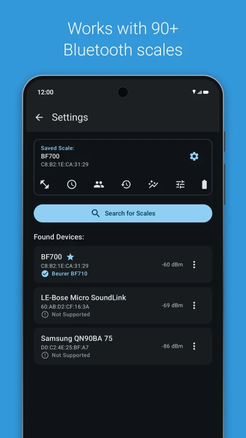 openScale light: Bluetooth-scale discovery settings
