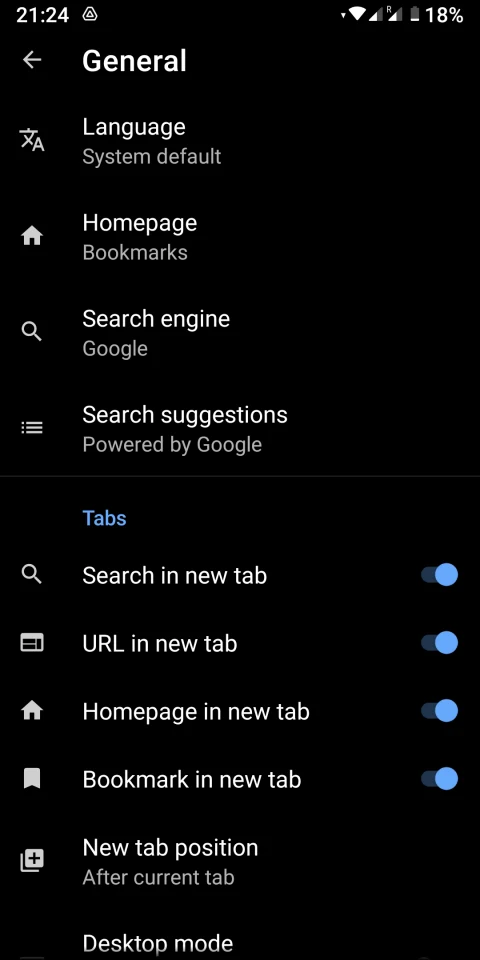 Fulguris general settings for the search engine and tab behavior.