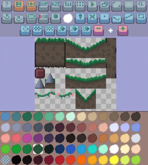 Pixelc publisher interface showing pixel-art tiles, tools and the colour palette
