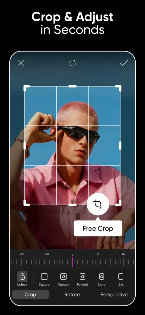Picsart mobile crop and rotation controls around a portrait.