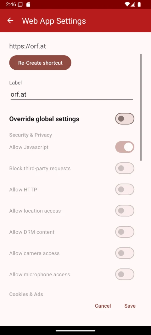 Earlier Native Alpha Android per-site settings for JavaScript, HTTP and device permissions