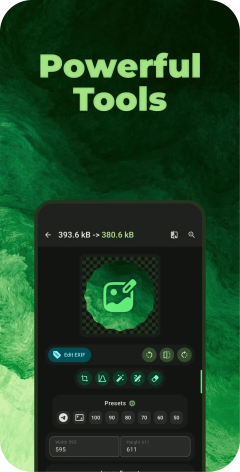 Image Toolbox editing screen with output dimensions and image-size controls.