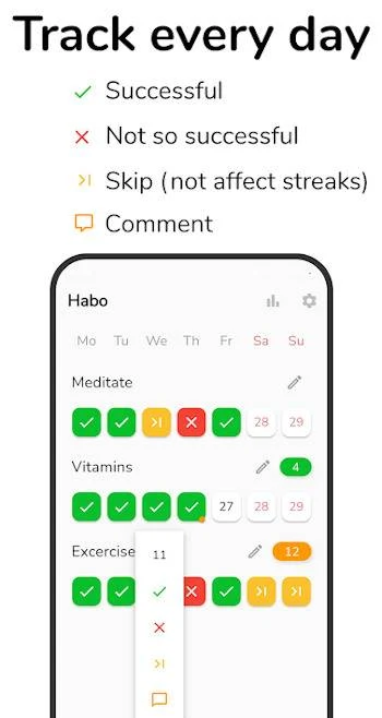 Habo: Completion, skip and comment options