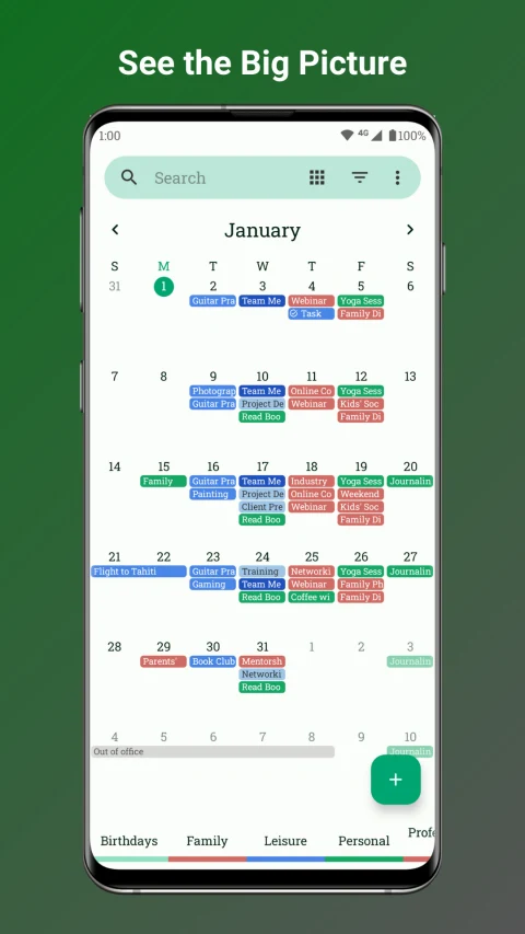 Fossify Calendar: Month view with sample events