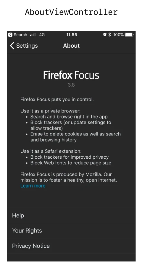 Firefox Focus earlier iPhone help and privacy information reference; shown version 3.8 is historical