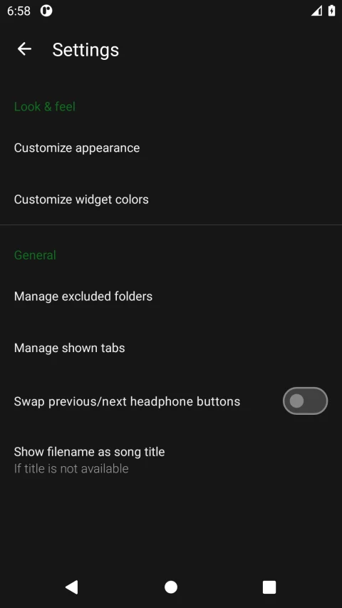 Fossify Music Player 1.8.4 FOSS edition: Android settings capture; customization can differ in the Google Play build