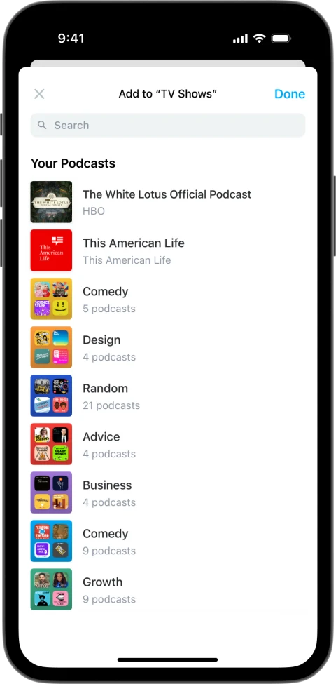 Pocket Casts Add episodes chooser: publisher iPhone interface view from November 2025, in its original phone frame.