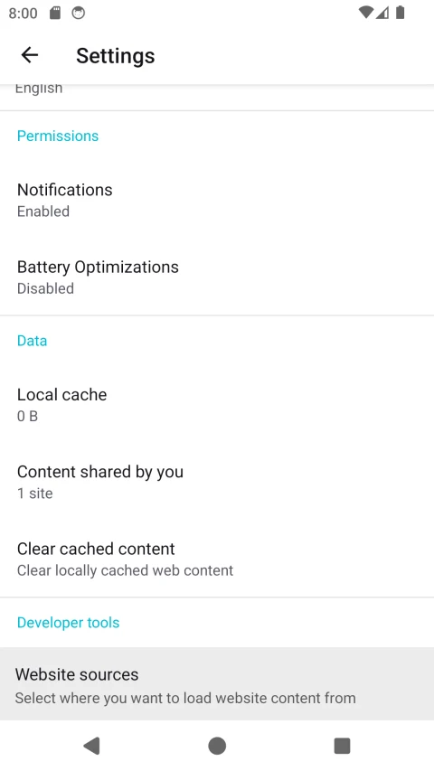 Ceno Android settings for local cache, shared content and website sources