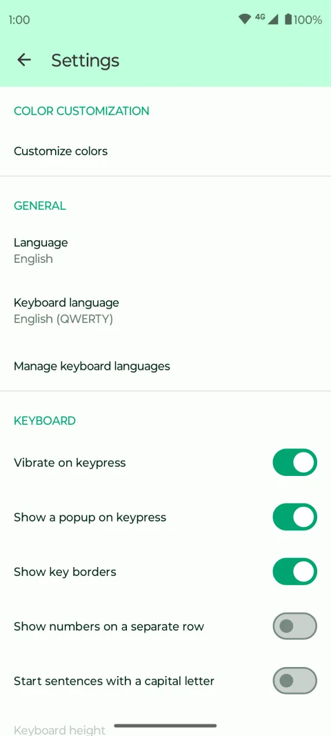 Fossify Keyboard: Language and key-feedback settings