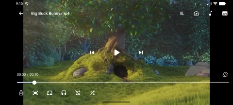 Next Player Android landscape playback controls over a Big Buck Bunny frame, in the publisher’s original screenshot.