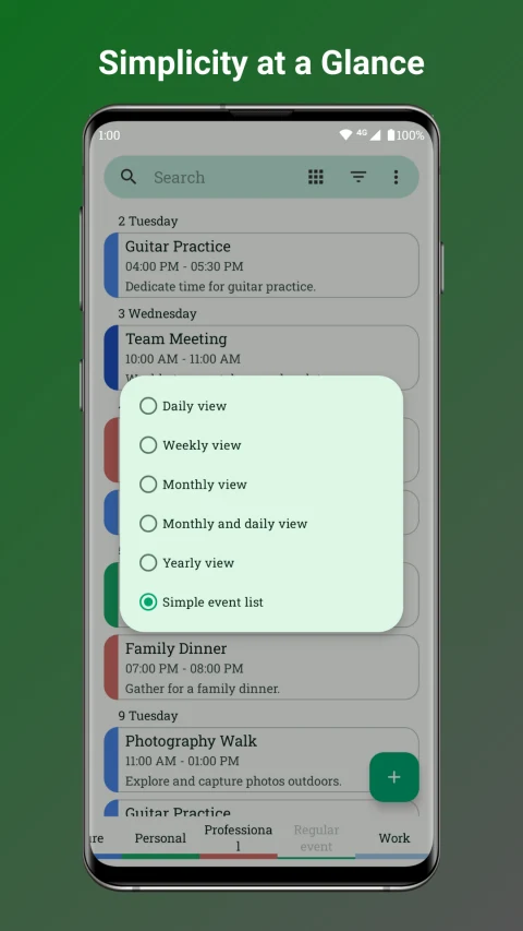 Fossify Calendar: Choose a calendar view
