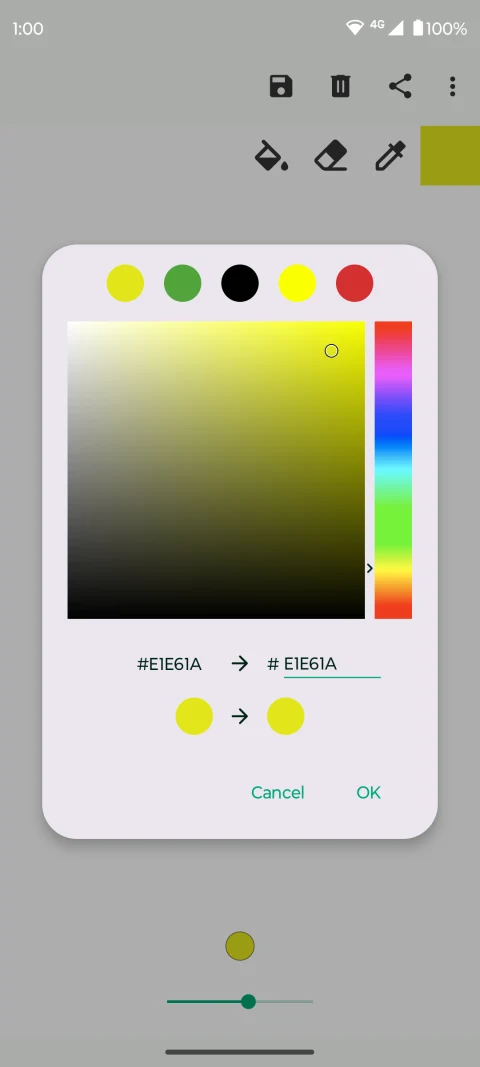 Fossify Paint brush-color chooser with numeric color values.