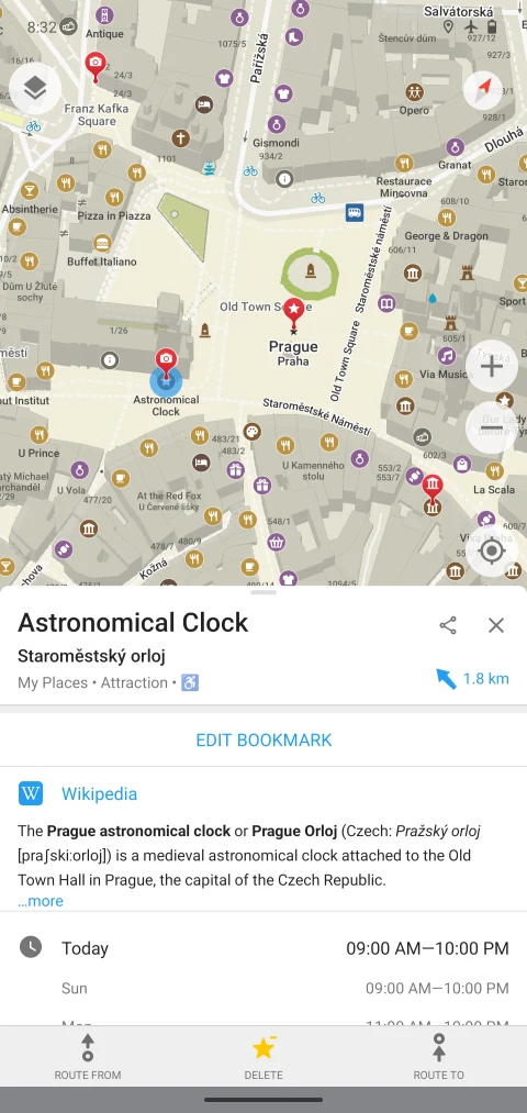 Organic Maps: Place details for Prague's astronomical clock