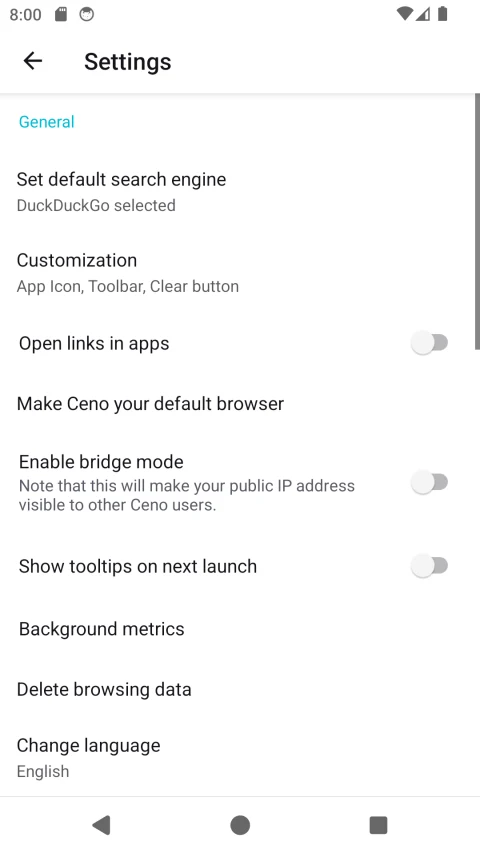 Ceno Android settings for search, bridge mode and browsing controls
