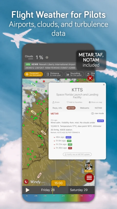 Windy.com: Publisher Android promotional airport-report and weather-map view