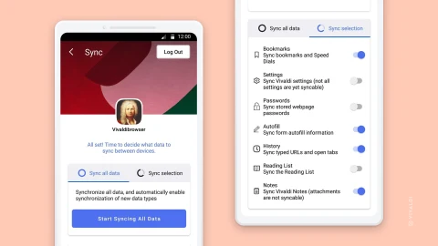 Vivaldi for Android sync sign-in and data-selection settings.
