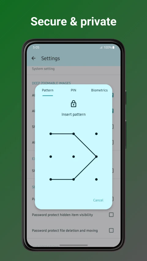 Fossify Gallery pattern-protection dialog for hidden items.