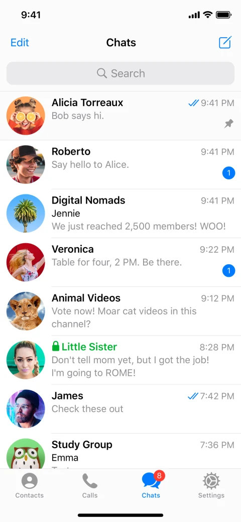 Telegram: Publisher example chat list
