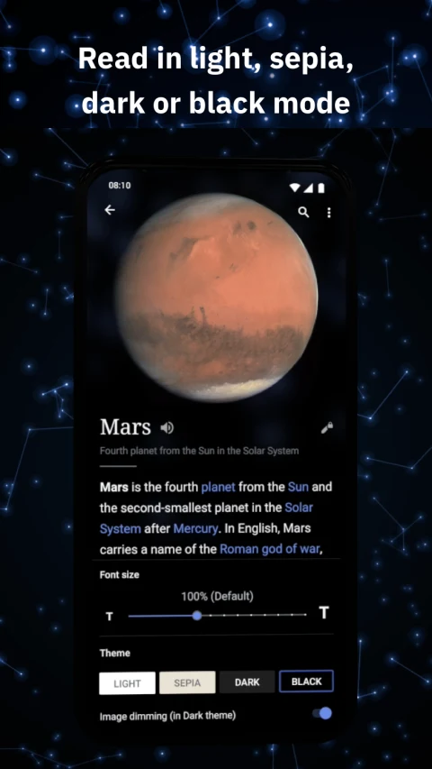 Wikipedia: Earlier Android reading appearance and theme controls