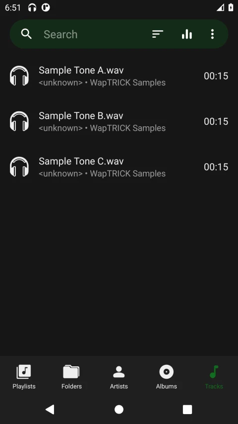 Fossify Music Player 1.8.4 FOSS edition: Android capture with sample content showing the local track library