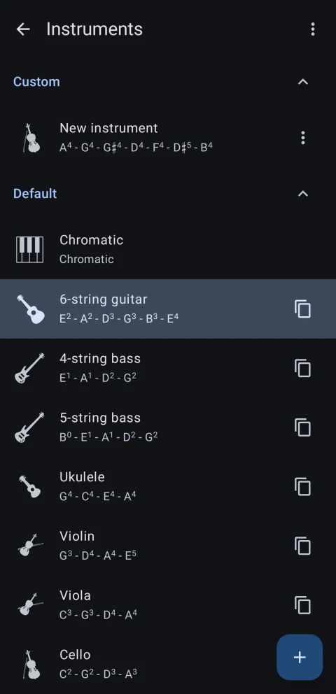 Tuner: Instrument and tuning selection