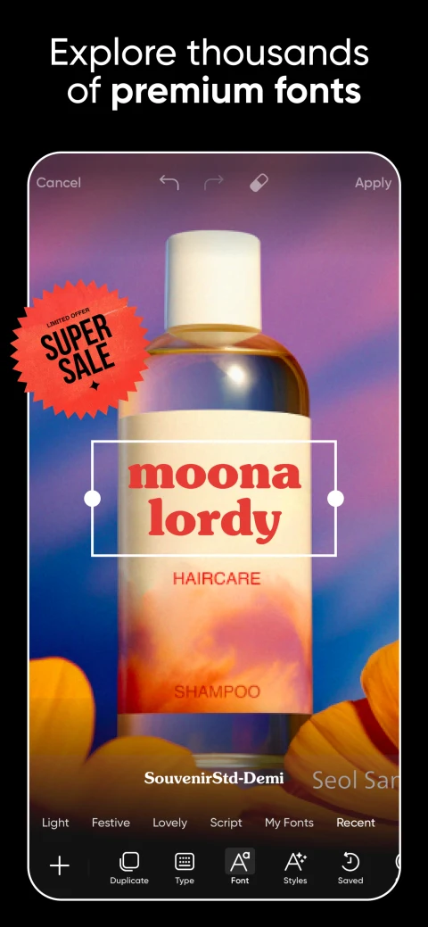 Picsart mobile font and text controls on a poster design; some fonts are premium.