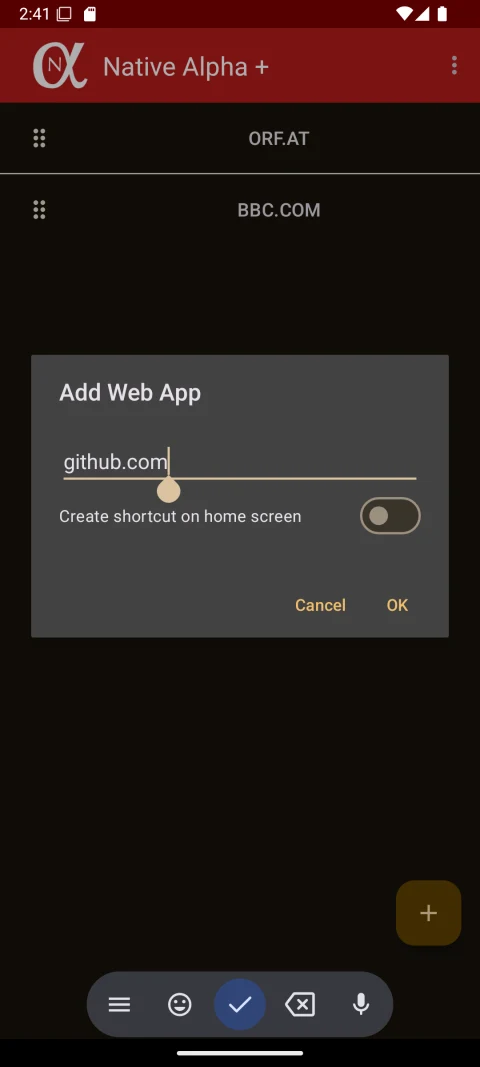Earlier Native Alpha Plus Android view of the Add Web App dialog, also available in the free edition