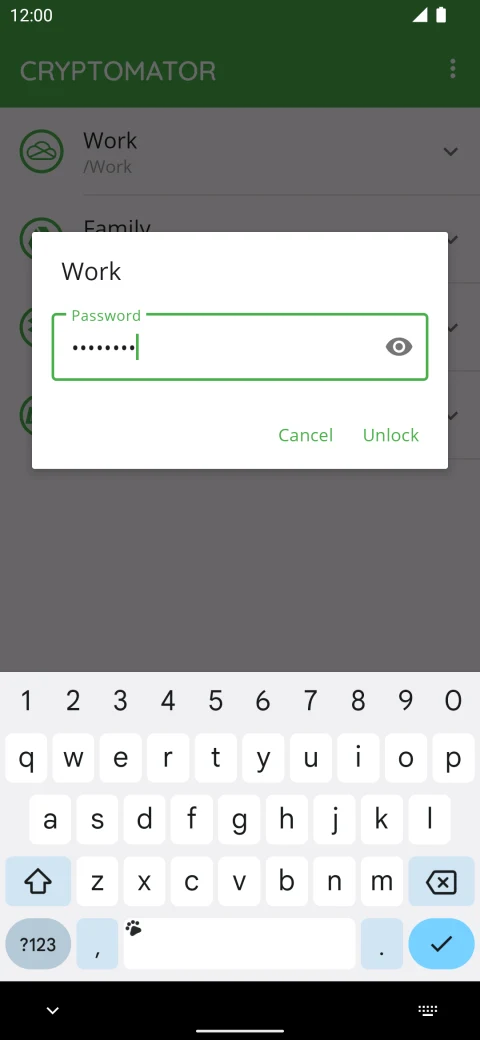 Cryptomator: Earlier publisher Android password-unlock view