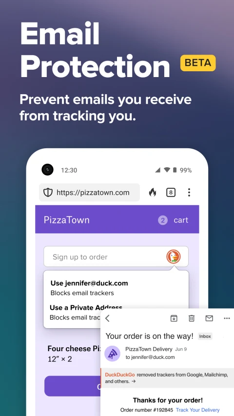 DuckDuckGo publisher illustration of email-protection controls on Android