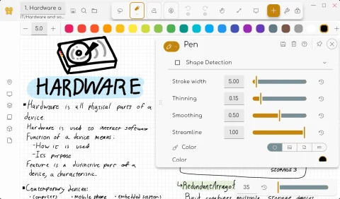 Butterfly publisher shared-interface view of pen width, smoothing and colour controls