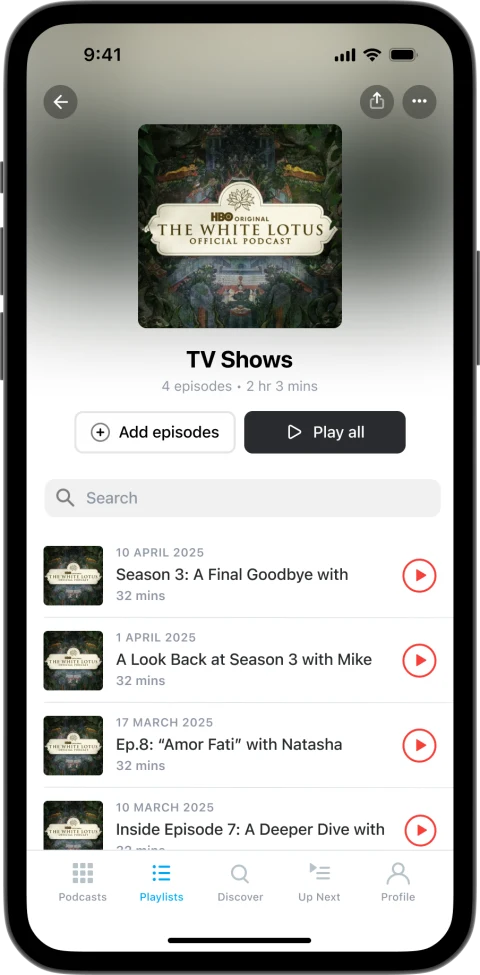 Pocket Casts playlist and episode controls: publisher iPhone interface view from November 2025, in its original phone frame.