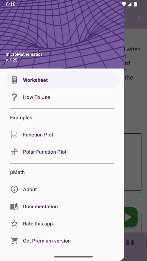 micro Mathematics: Earlier Android worksheet menu