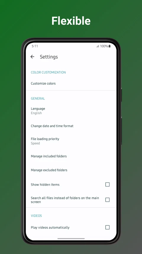 Fossify Gallery settings for colors, language, folders and video playback.