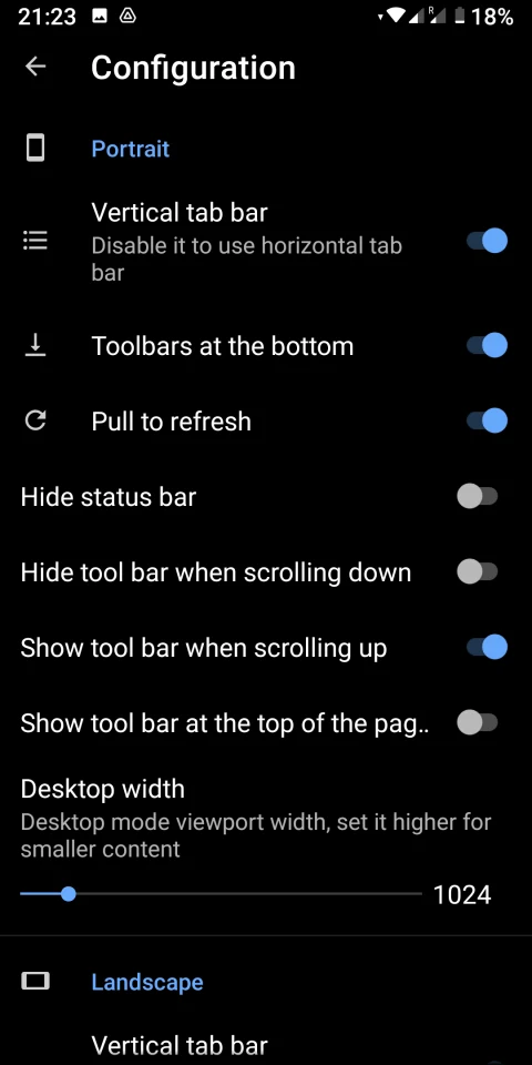 Fulguris portrait and landscape toolbar configuration.