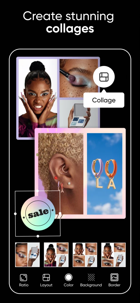 Picsart mobile collage layout, background and border controls.