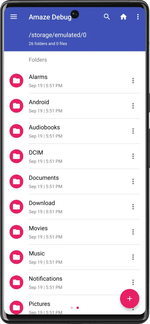 Amaze File Manager: Publisher debug view of phone-storage folders