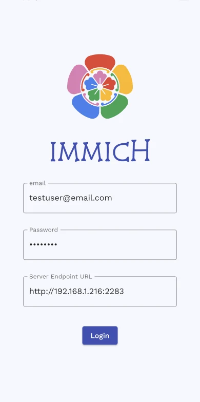 Immich publisher iPhone screenshot of the server login screen
