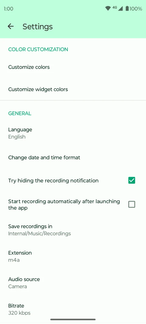 Fossify Voice Recorder: Recording format and input settings