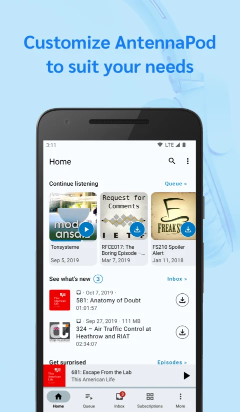 AntennaPod: Earlier Android podcast home and listening queue