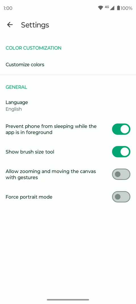 Fossify Paint settings for brush controls, canvas gestures and orientation.