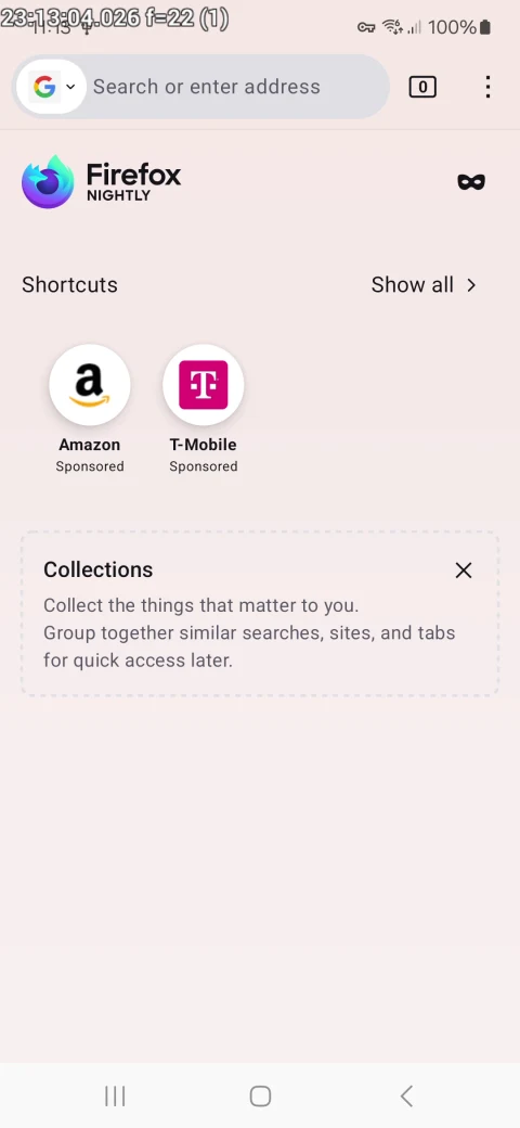 Firefox publisher Nightly Android home reference with search, shortcuts and tab controls; current layout varies