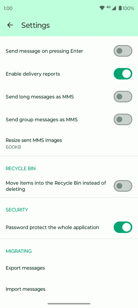 Fossify Messages: Message export and import settings