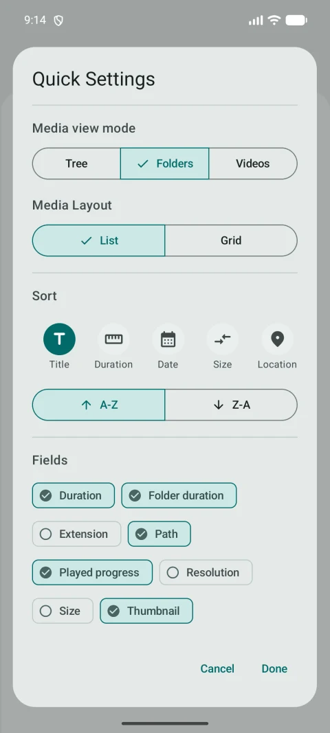 Next Player Android Quick Settings for folder or movie views, list or grid layout, sorting and displayed fields, in the publisher’s original screenshot.